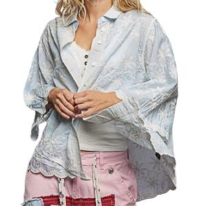 POL Embroidered Eyelet Relax Fit Button Down Shirt w Scallop Trim